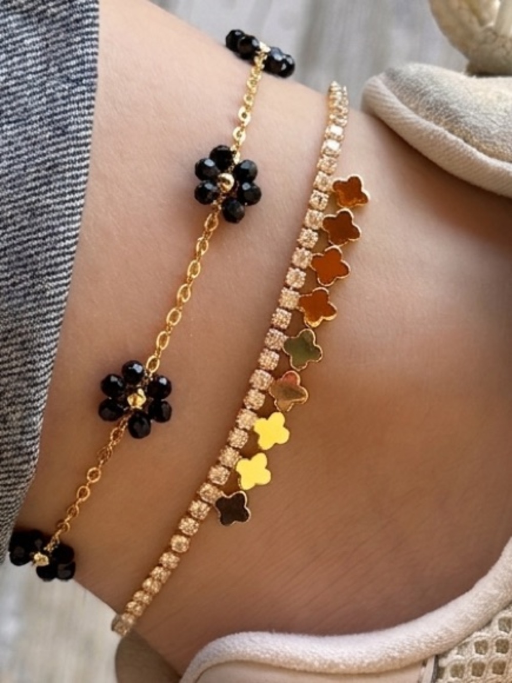 3/40! Dainty Clover Tennis Anklet 14k Gold Plated Crystal Stone Water Resistant